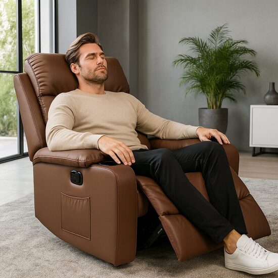 Atgāžams krēsls ar dzērienu turētāju, brūna eko āda